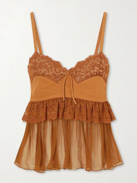 Image of a model wearing Tops. Product name - Lace-trimmed Silk Crepe Tank in Brown colour by brand - Chloé