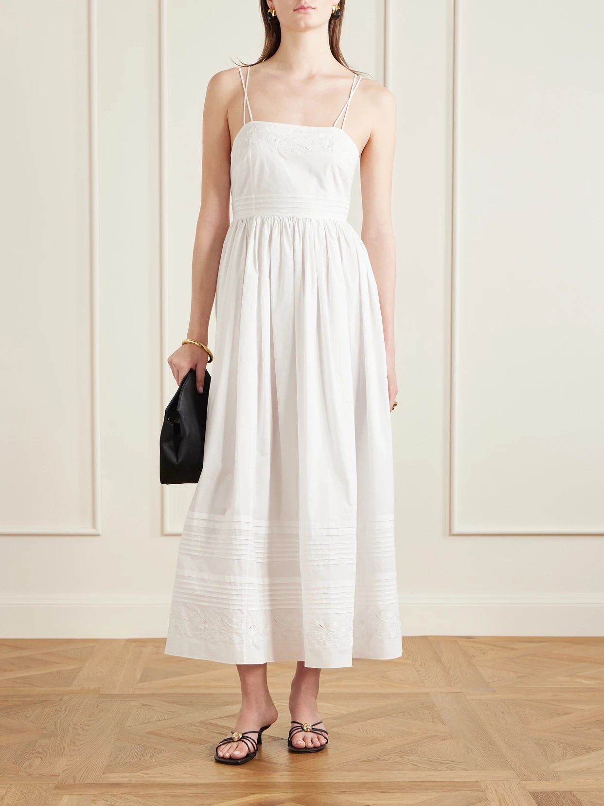 Image of Dresses. Product name - Chamomile Pintucked Embroidered Cotton-poplin Midi Dress in White colour by brand - BODE