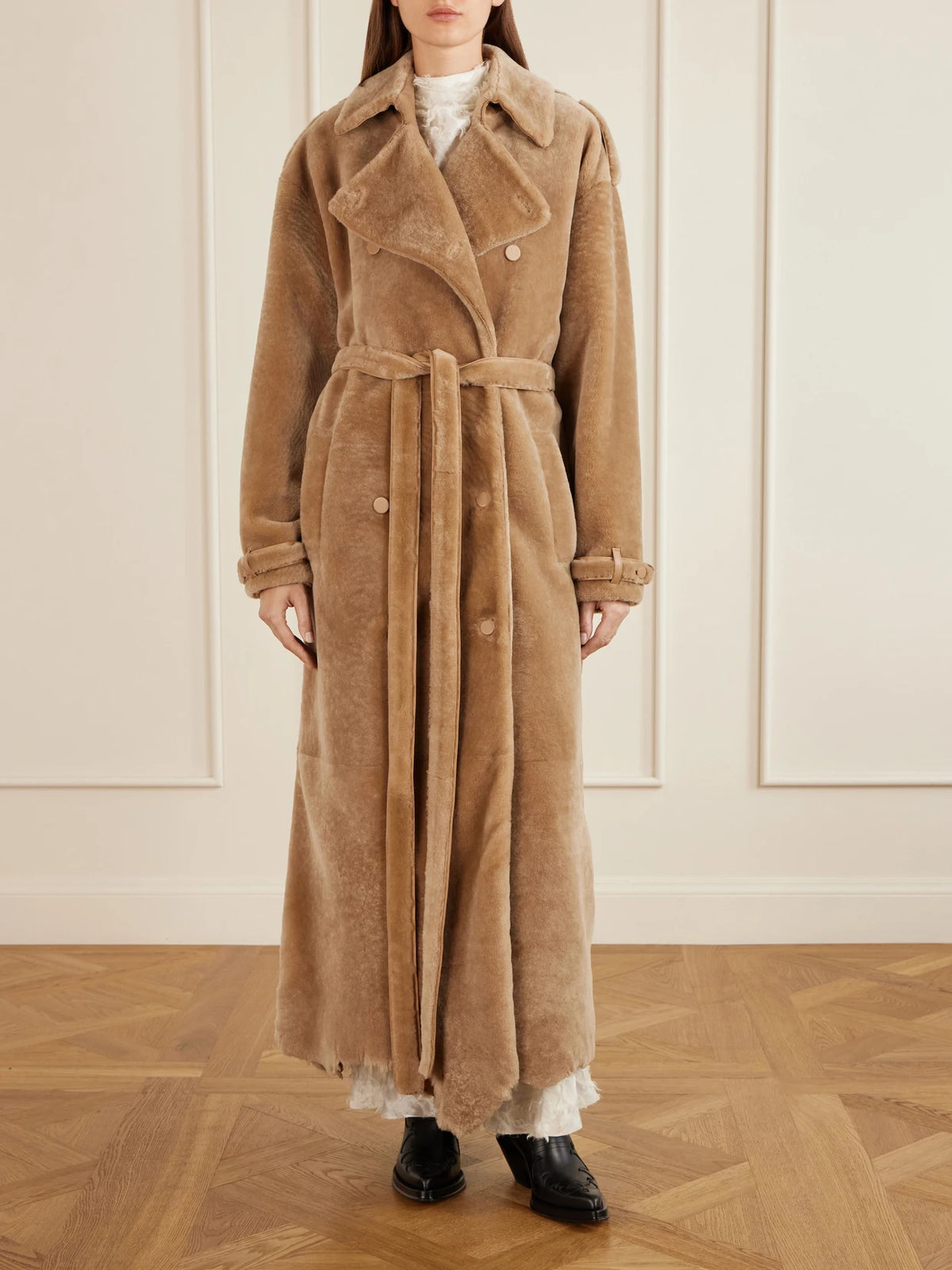 Gabriela Hearst Tellus Belted Double-breasted Leather-trimmed Shearling Coat