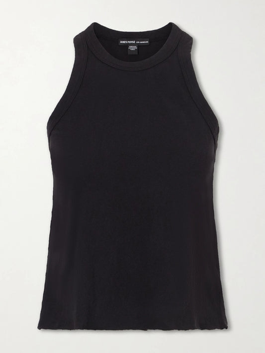 Image of a model wearing Tops. Product name - Slub Cotton-jersey Tank Top in Black colour by brand - James Perse