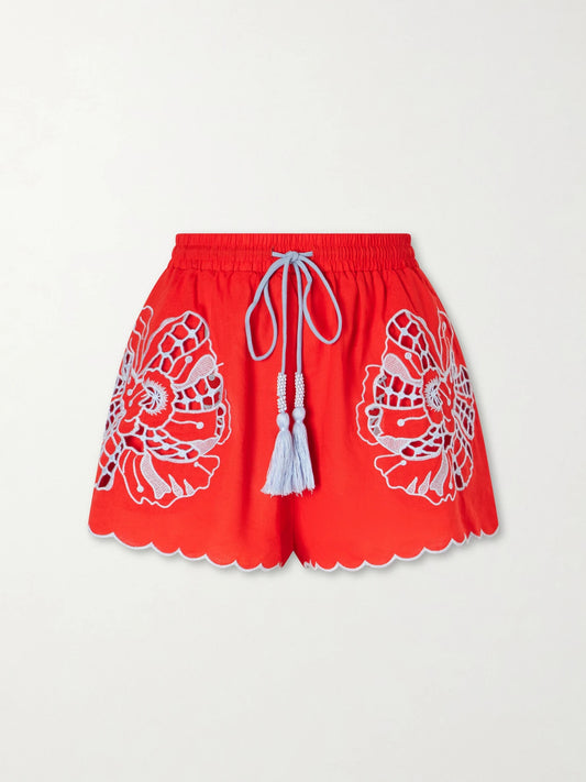 Image of a model wearing Shorts. Product name - Embroidered Linen-blend Shorts in x small colour by brand - Farm Rio