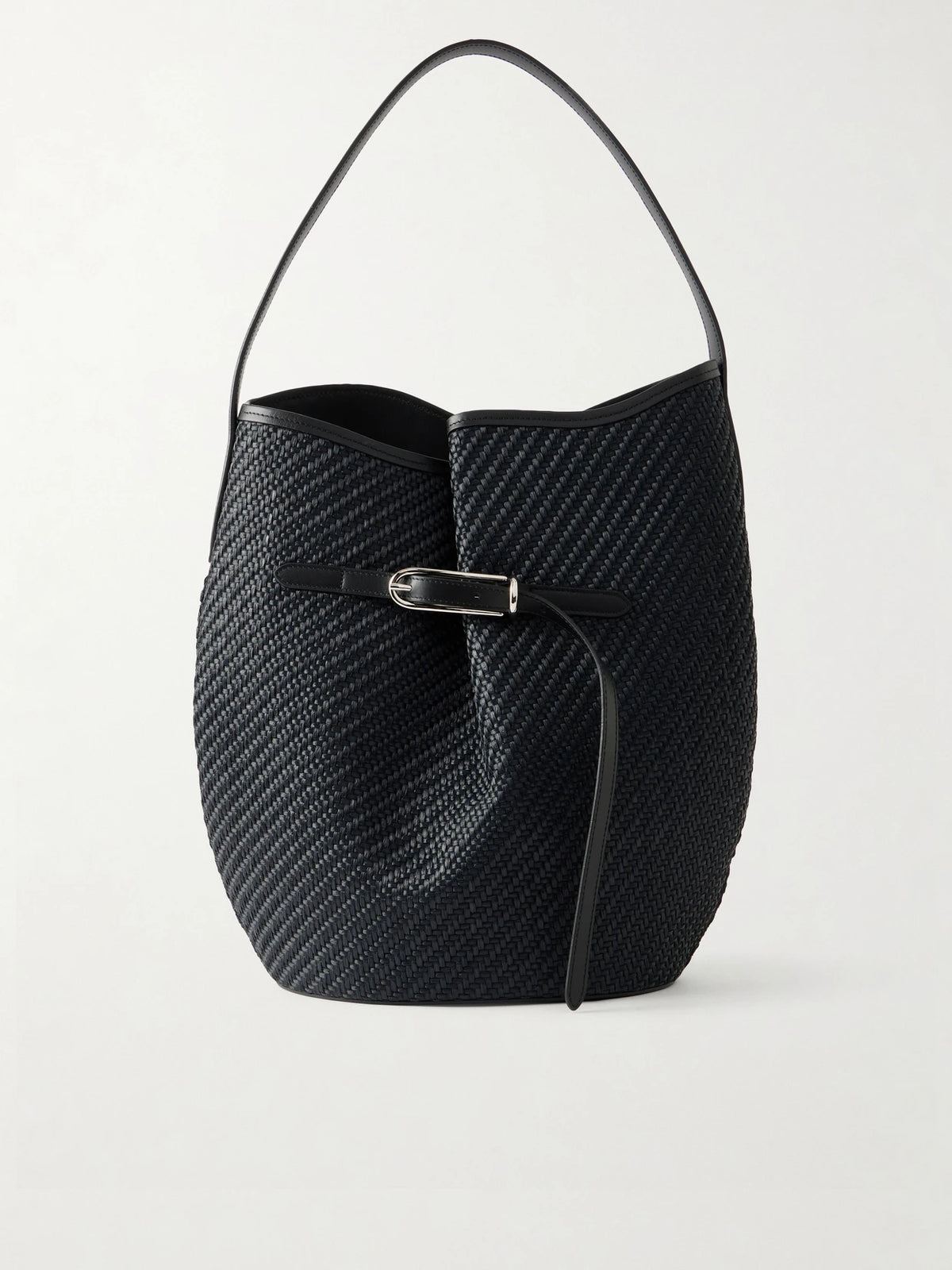 Belted Bucket Leather-trimmed Raffia Bucket Bag