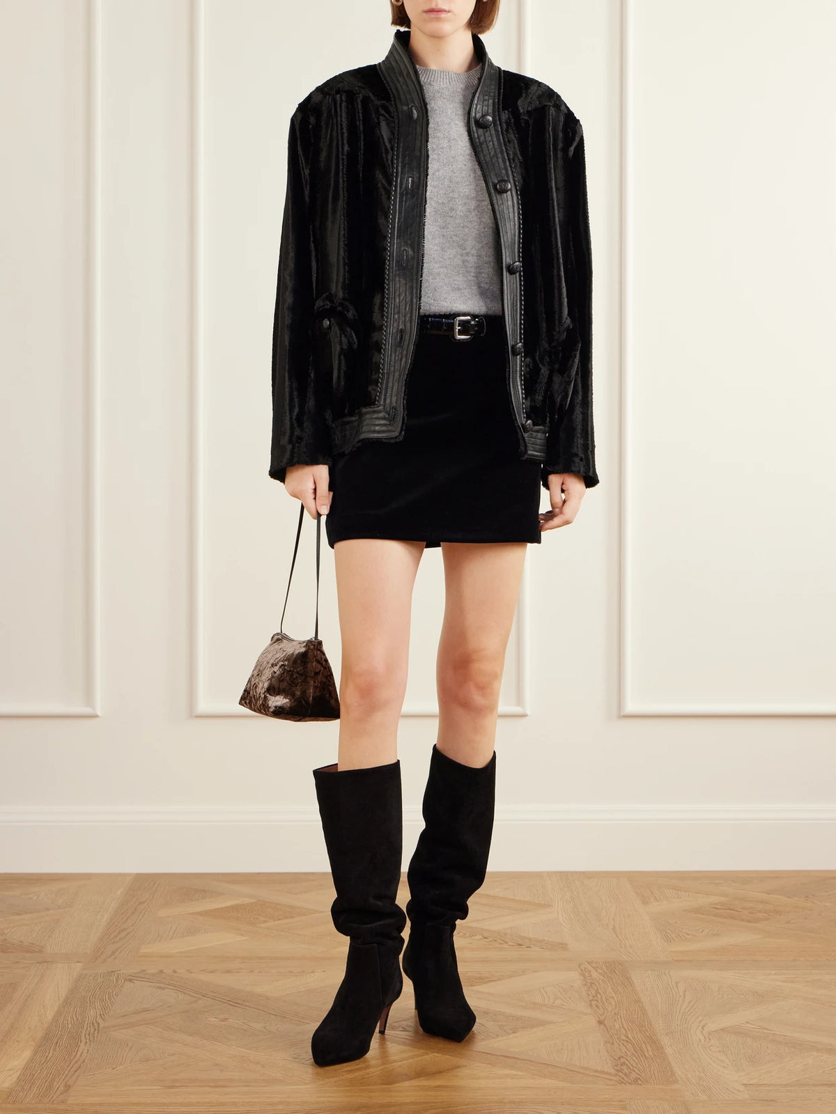 Image of Coats & Jackets. Product name - Coiba Leather-trimmed Velvet Jacket in Black colour by brand - BLAZÉ Milano