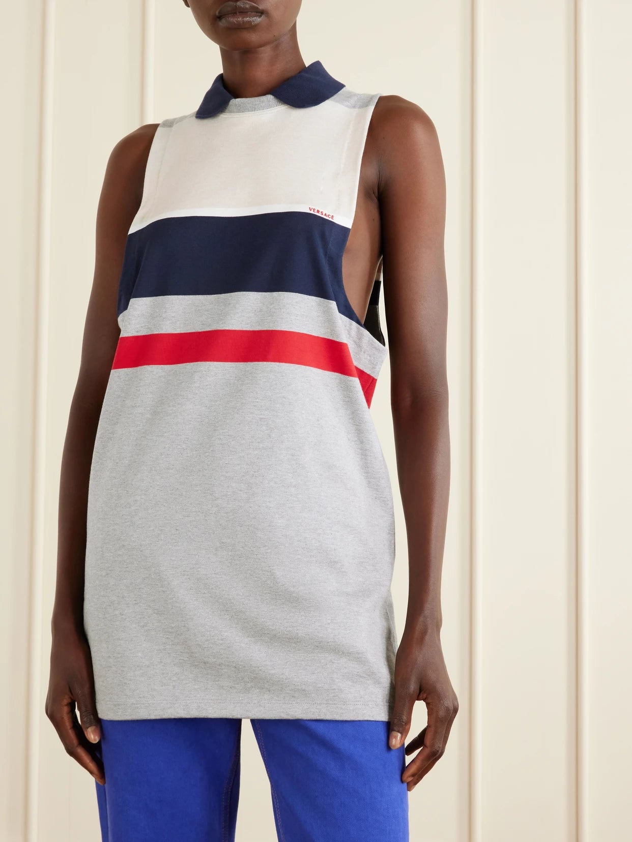 Sleeveless Embroidered Striped Cotton T-shirt