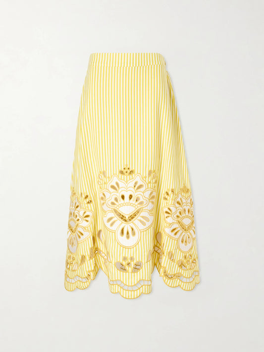 Striped Broderie Anglaise-trimmed Linen-blend Midi Skirt