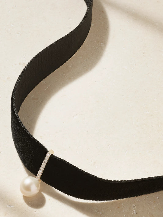 Lady Velvet, 14-karat Gold, Pearl And Diamond Choker