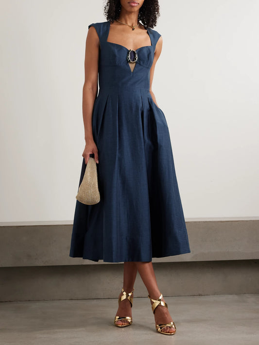 Image of Dresses. Product name - Serenity Embellished Pleated Lyocell-blend Midi Dress in Navy colour by brand - Rebecca Vallance