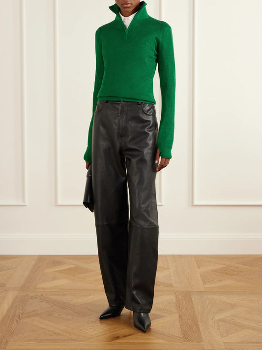 Image of a model wearing Outerwear. Product name - Ribbed Half-zip Wool And Silk-blend Sweater in Green colour by brand - The Frankie Shop