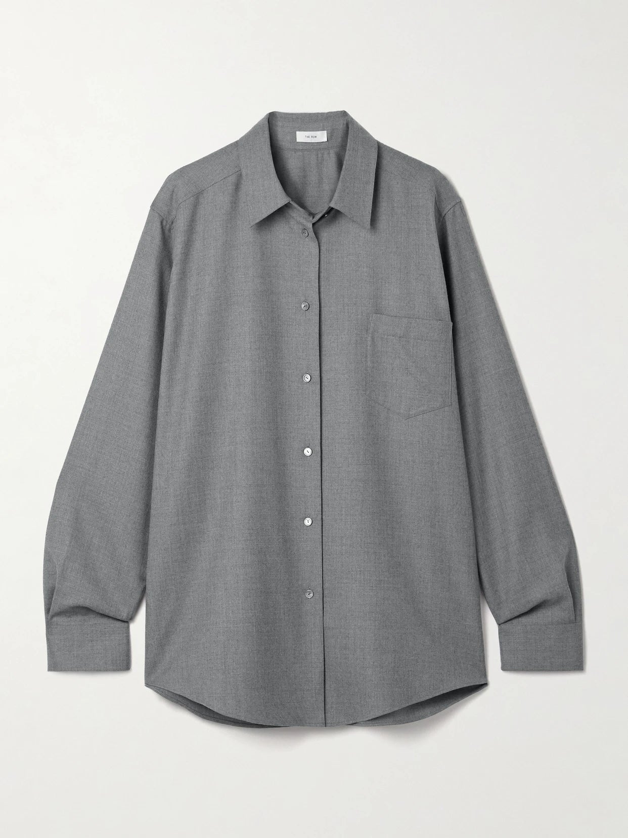 Image of a model wearing Tops. Product name - Pino Oversized Wool-twill Shirt in Gray colour by brand - The Row