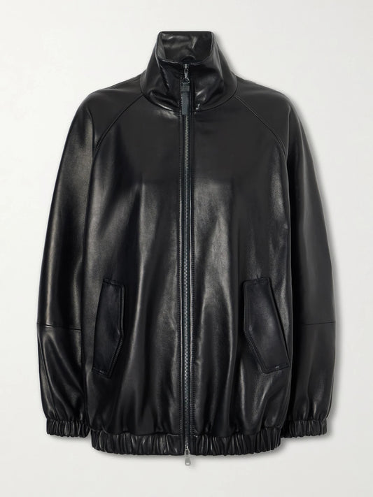 Image of Coats & Jackets. Product name - Leather Bomber Jacket in Black colour by brand - Brunello Cucinelli