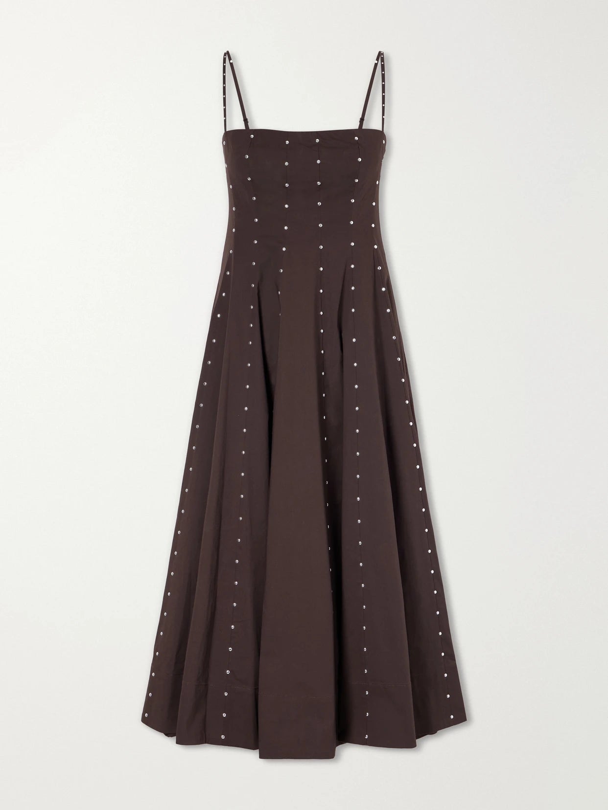 Image of Dresses. Product name - Wylie Embellished Paneled Cotton-blend Poplin Midi Dress in Brown colour by brand - STAUD