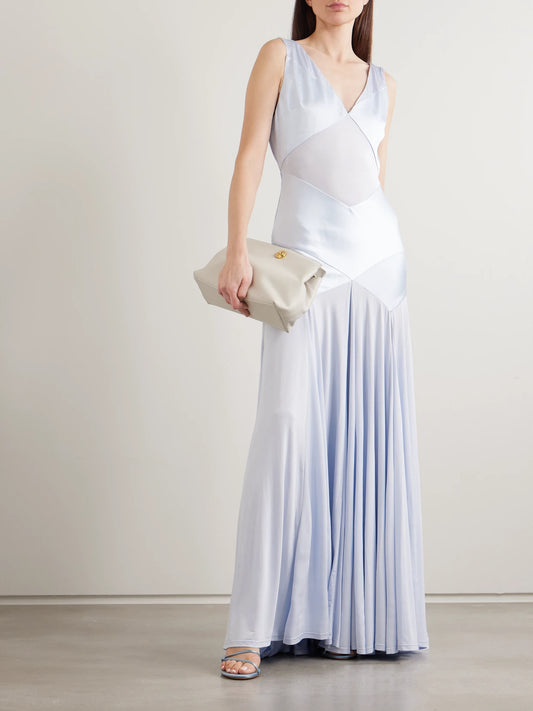 Pleated Paneled Satin And Stretch-jersey Maxi Dress