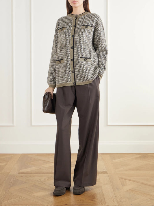Image of a model wearing Outerwear. Product name - Rib-trimmed Houndstooth Knitted Cardigan in Brown colour by brand - Brunello Cucinelli