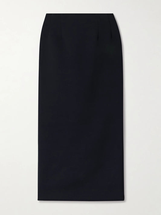 Image of a model wearing Skirts. Product name - Talor Wool Midi Skirt in Navy colour by brand - The Row