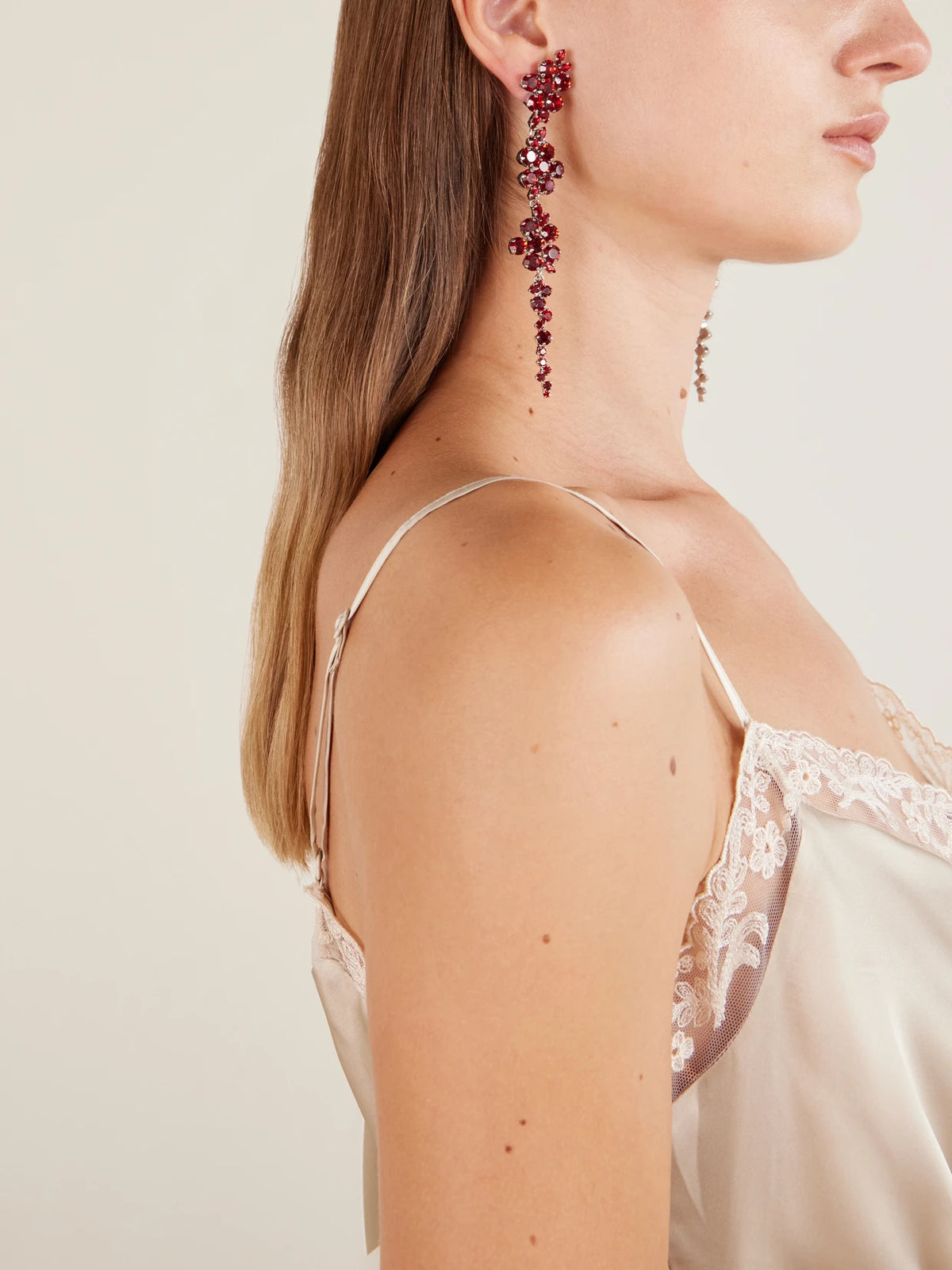 Image of Earrings. Product name - Floral Drip Crystal-embellished Silver-tone Earrings in Crimson colour by brand - Simone Rocha