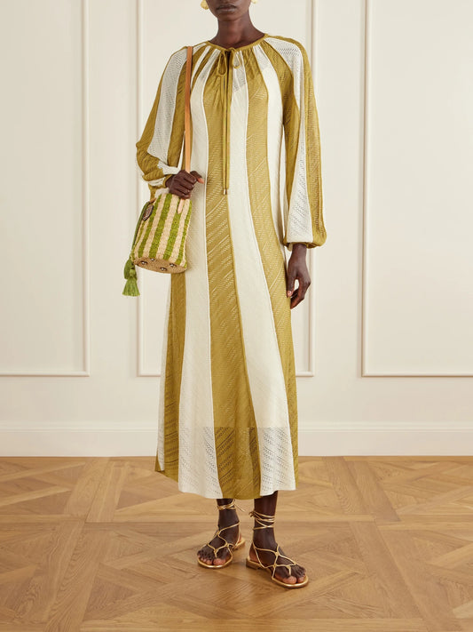 Image of Dresses. Product name - Mahon Splice Striped Mesh Midi Dress in Beige colour by brand - Zimmermann