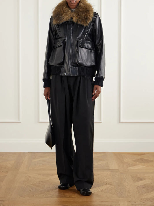 Image of Coats & Jackets. Product name - Plush-trimmed Leather Jacket in Black colour by brand - Sacai