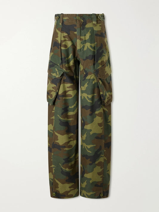 Image of Jeans. Product name - Printed Cotton-canvas Barrel-leg Cargo Pants in Dark green colour by brand - R13