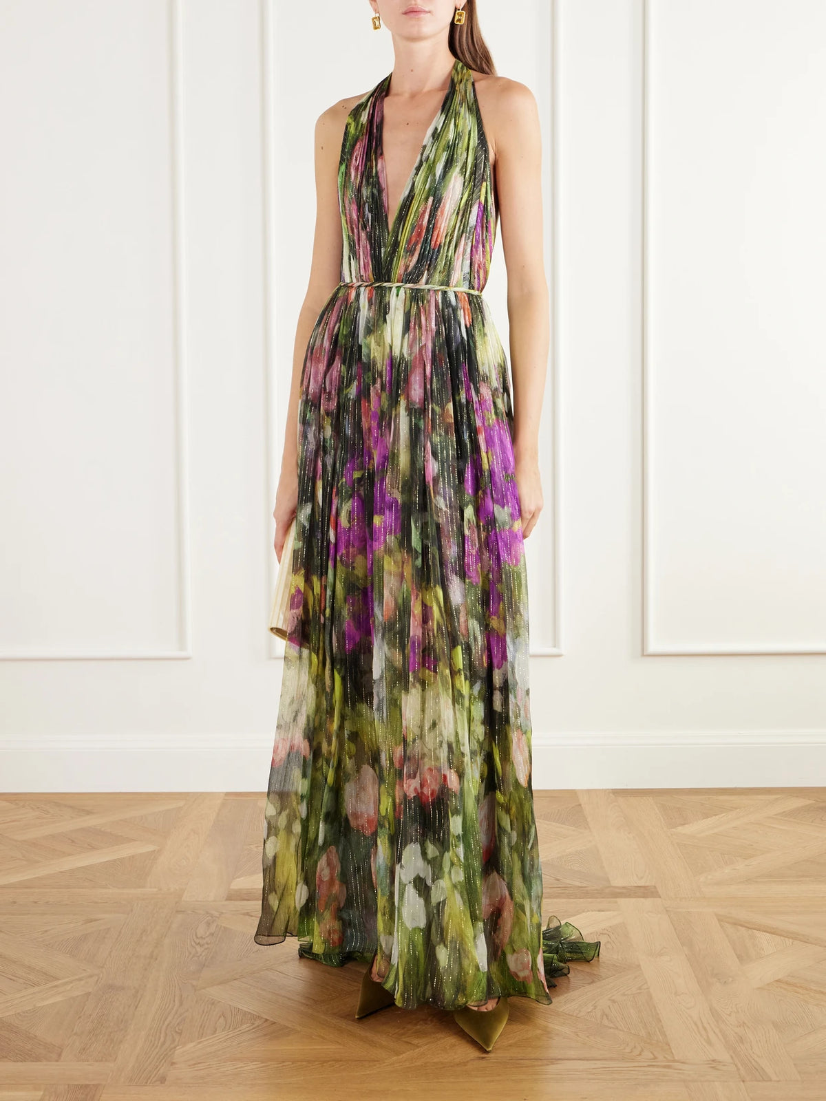 Image of Dresses. Product name - Belted Tie-detailed Floral-print Silk-blend Chiffon Halterneck Gown in Multi colour by brand - Oscar de la Renta