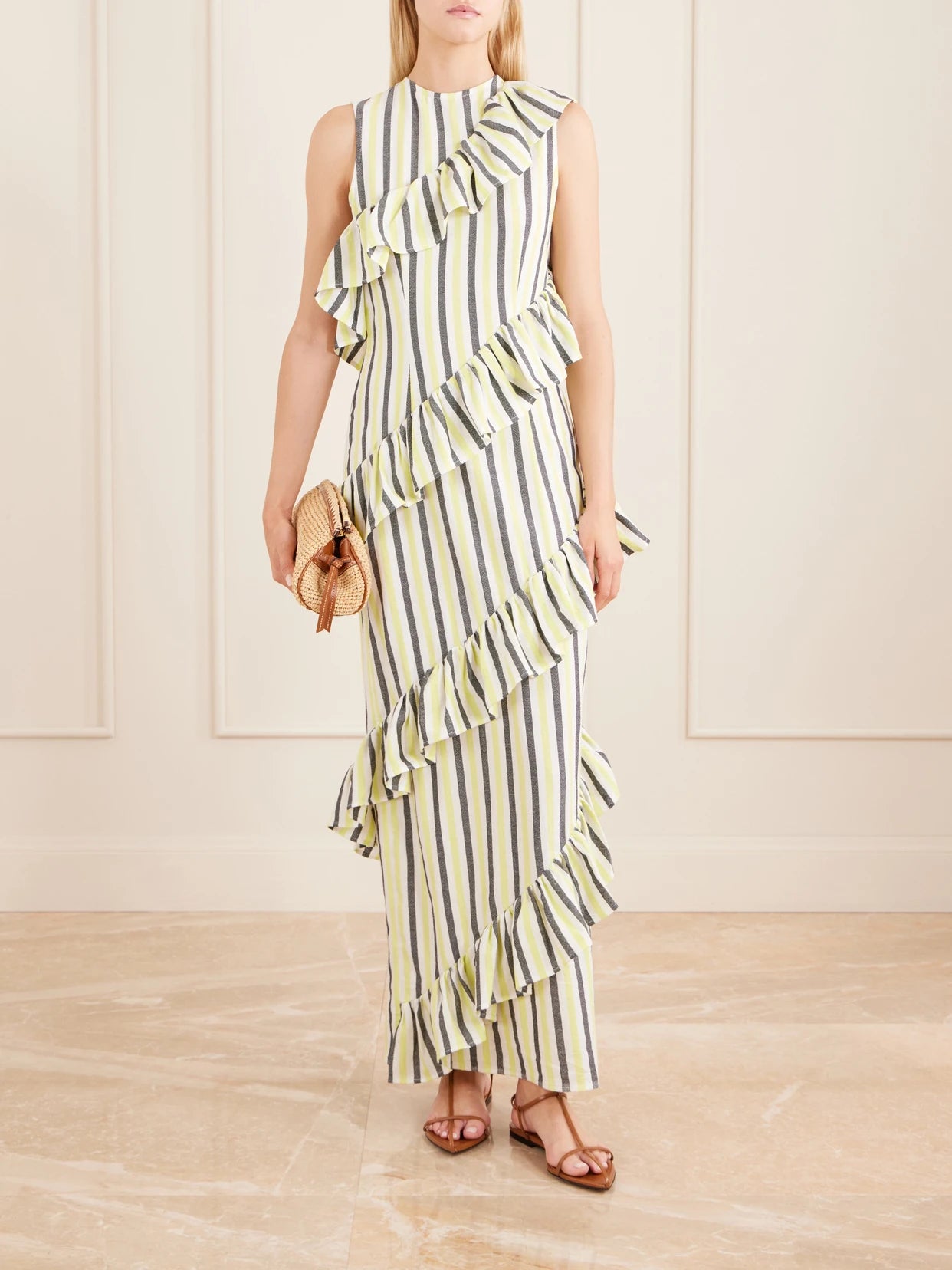 Image of Dresses. Product name - Spiral Ruffled Striped Cotton Maxi Dress in Yellow colour by brand - Marrakshi Life