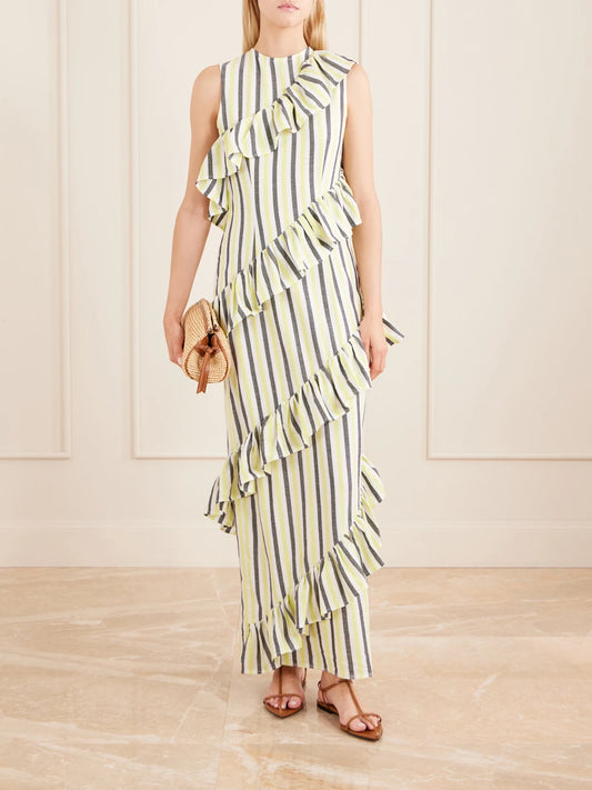 Image of Dresses. Product name - Spiral Ruffled Striped Cotton Maxi Dress in Yellow colour by brand - Marrakshi Life