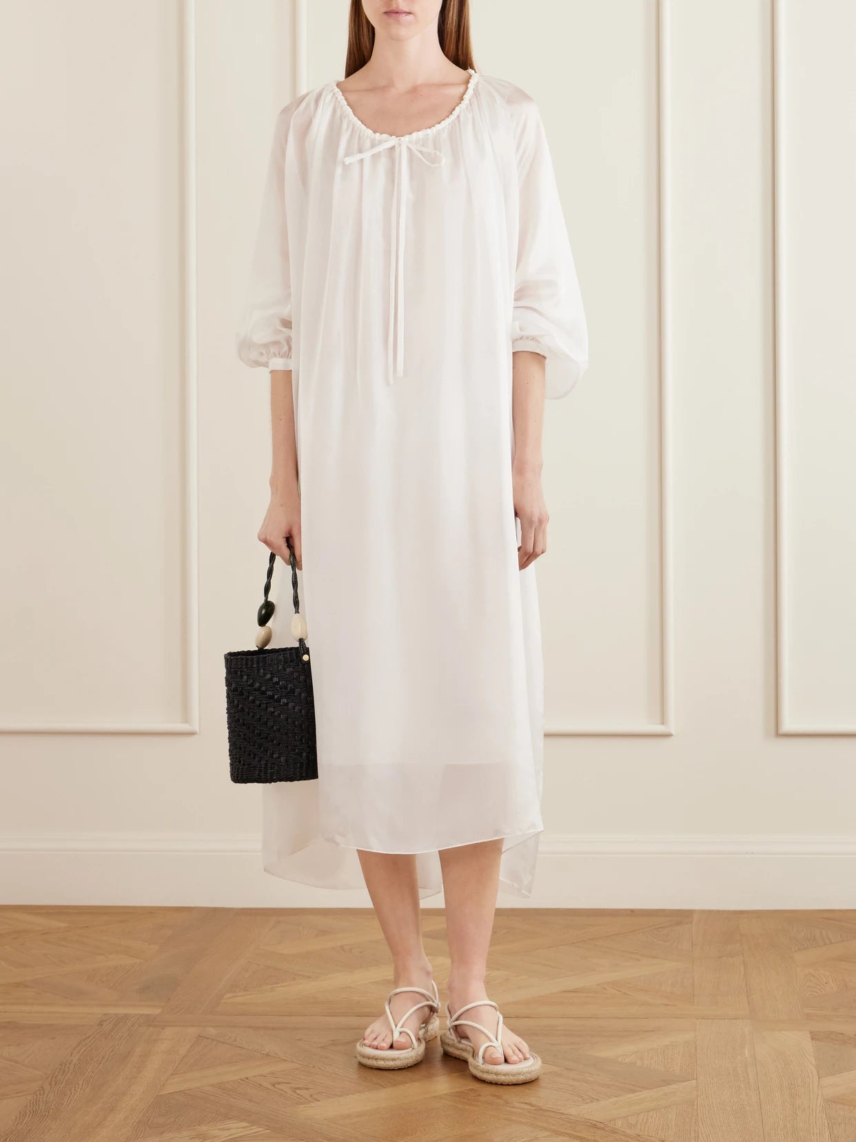 Image of Dresses. Product name - Robe La Perle Gathered Silk-organza Maxi Dress in White colour by brand - Les Vacances D'Irina