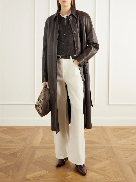 Image of a model wearing Outerwear. Product name - Brushed Organic Cashmere Cardigan in Dark brown colour by brand - Almada