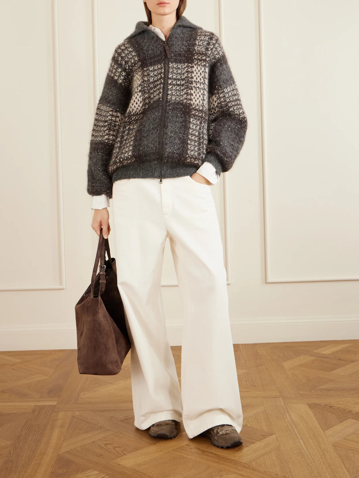 Image of Sneakers. Product name - Bead-embellished Shearling-trimmed Suede Sneakers in Dark gray colour by brand - Brunello Cucinelli