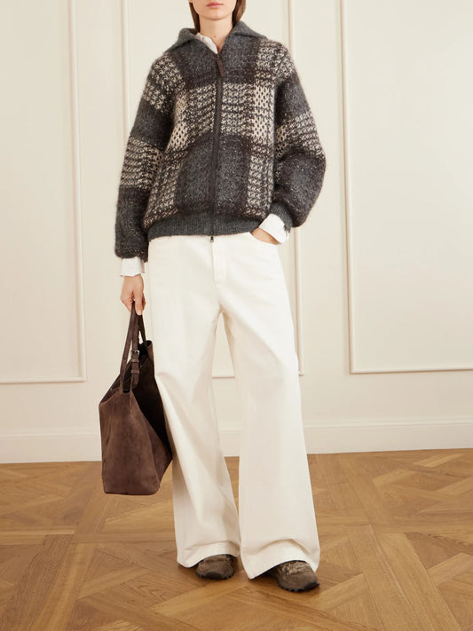Image of Sneakers. Product name - Bead-embellished Shearling-trimmed Suede Sneakers in Dark gray colour by brand - Brunello Cucinelli