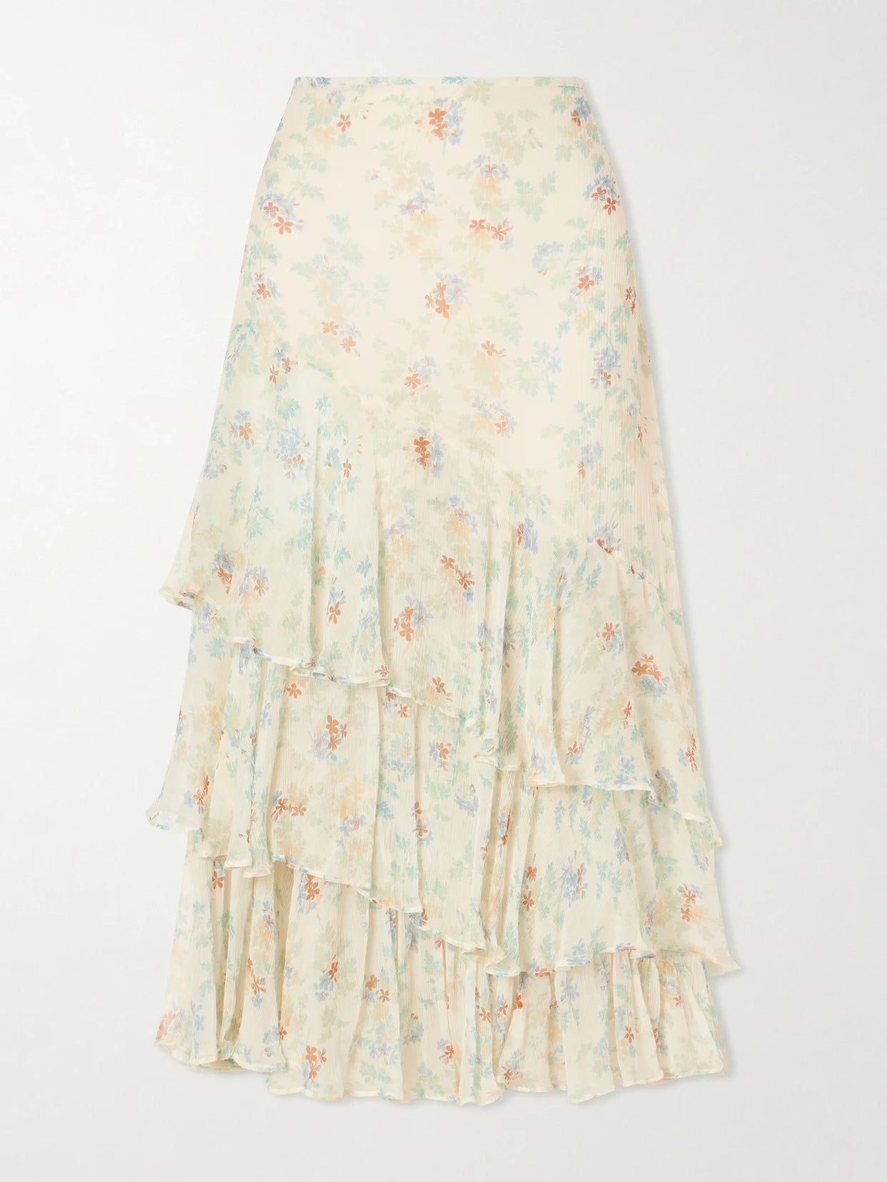 Image of a model wearing Skirts. Product name - Meadow Floral-print Crepon-silk Midi Skirt in Cream colour by brand - Ulla Johnson