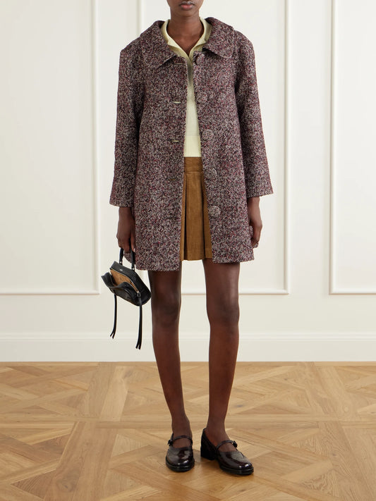 Image of Coats & Jackets. Product name - Wool-blend Herringbone Long Coat in Burgundy colour by brand - SHUSHU/TONG
