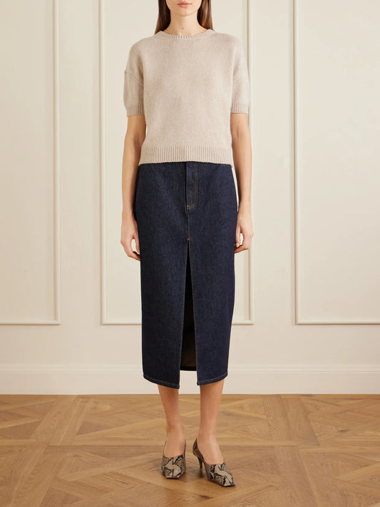 Image of Jeans. Product name - Anden Denim Midi Skirt in Dark denim colour by brand - KHAITE