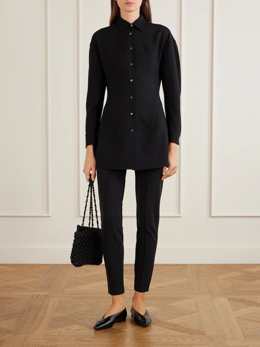Image of a model wearing Tops. Product name - Wool-blend Twill Shirt in Black colour by brand - Jil Sander