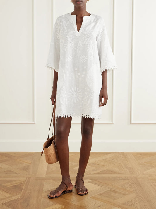Image of Dresses. Product name - Aigue-marine Embroidered Linen Kaftan in White colour by brand - Eres