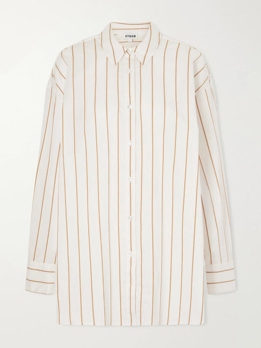 Image of a model wearing Tops. Product name - Kendy Striped Cotton-blend Shirt in Off-white colour by brand - STAUD