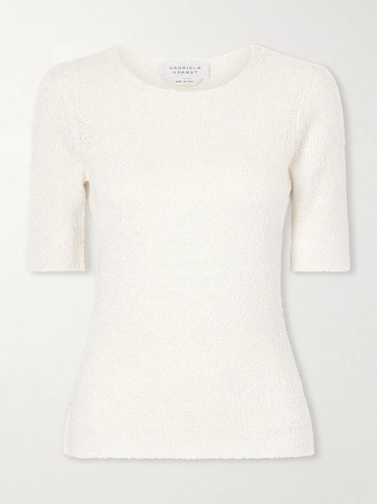 Image of a model wearing Outerwear. Product name - Valentia Knitted Silk T-shirt in Off-white colour by brand - Gabriela Hearst