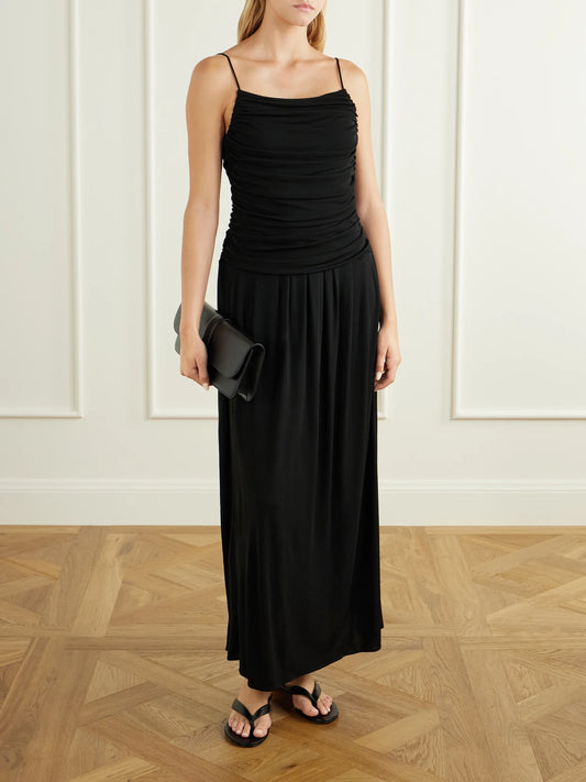 Image of Dresses. Product name - Reese Gathered Jersey Midi Dress in Black colour by brand - KALLMEYER