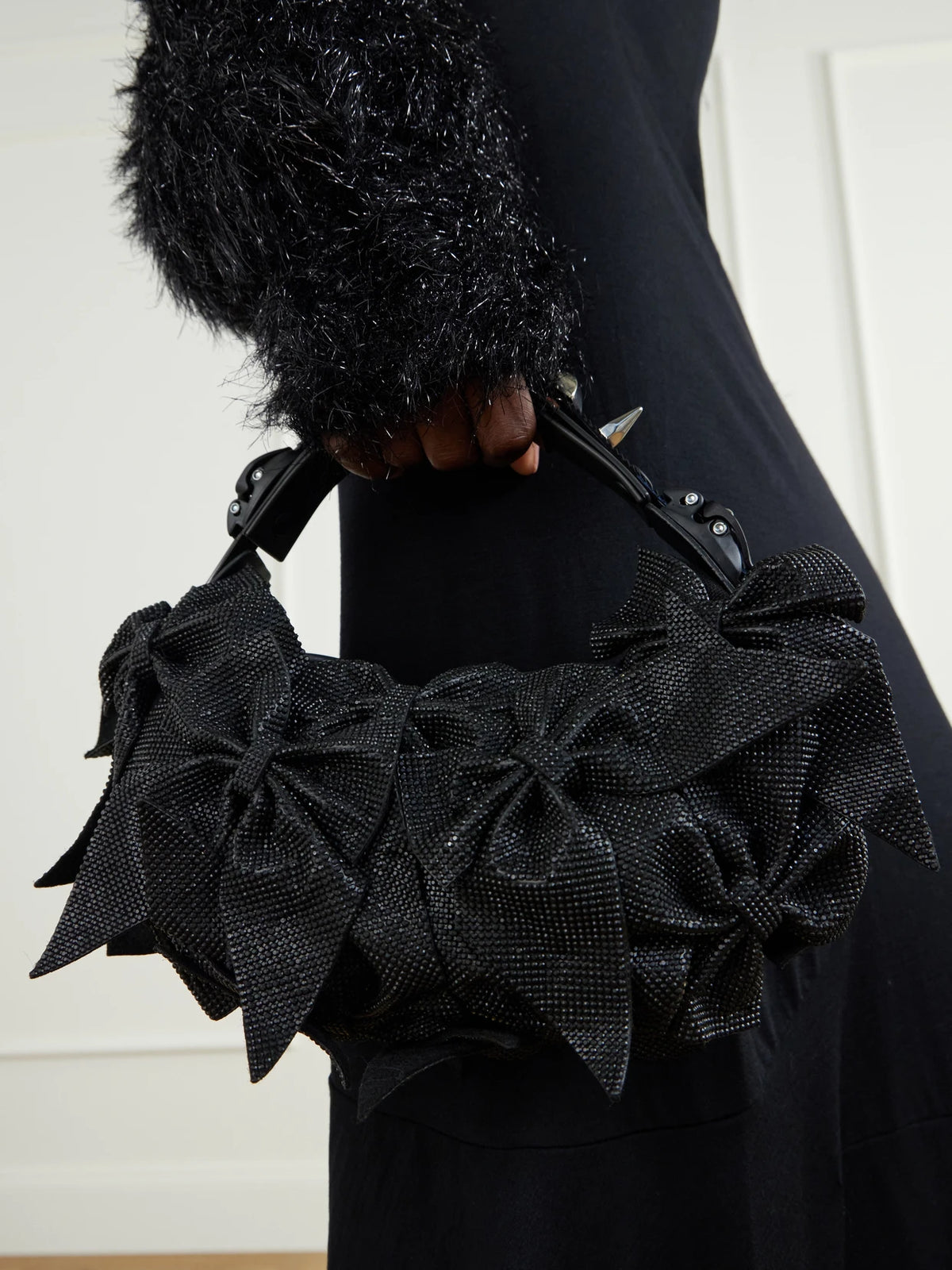 Image of Bags. Product name - + Innerraum Bow-detailed Embellished Polyurethane And Canvas Shoulder Bag in Black colour by brand - Junya Watanabe