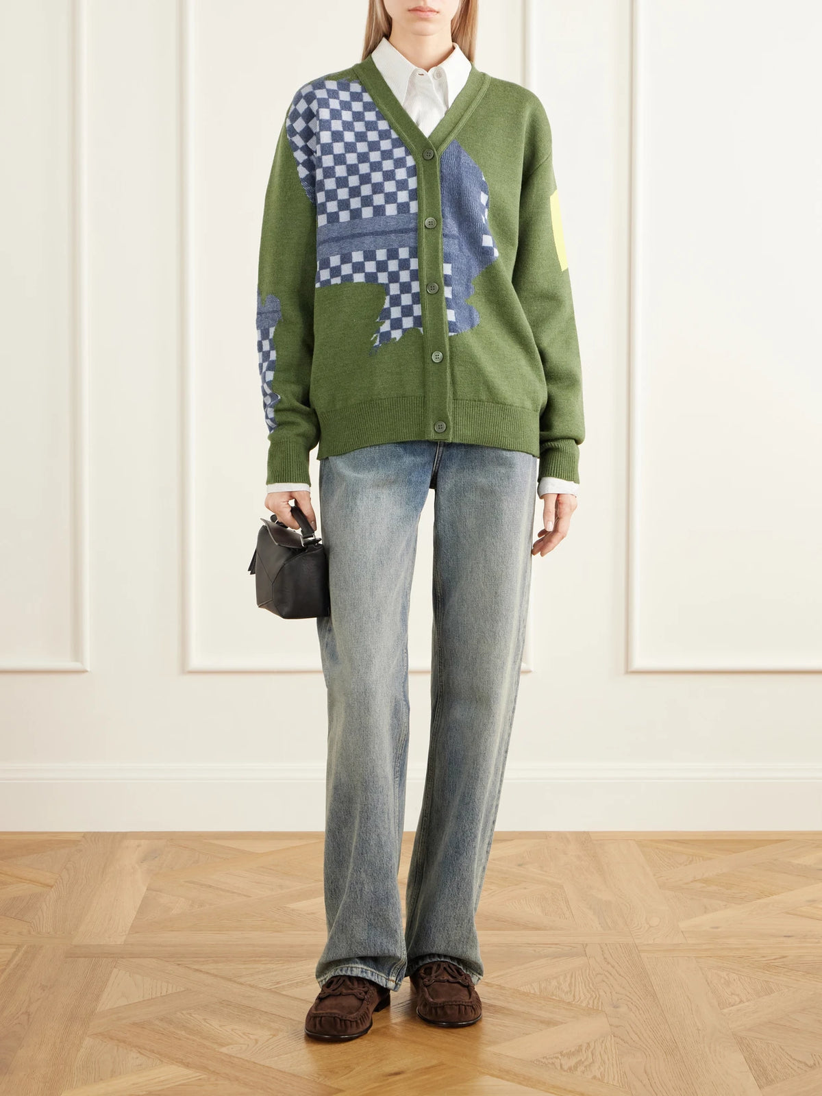 Image of a model wearing Outerwear. Product name - + Cosima Von Bonin Intarsia-knit Wool-blend Cardigan in Light green colour by brand - LOEWE