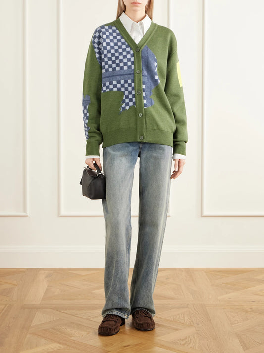 Image of a model wearing Outerwear. Product name - + Cosima Von Bonin Intarsia-knit Wool-blend Cardigan in Light green colour by brand - LOEWE
