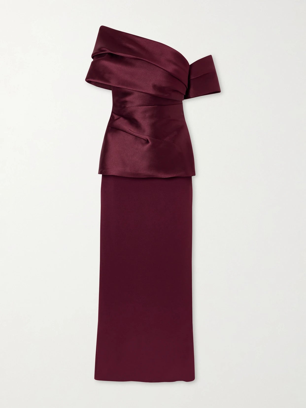 Image of Dresses. Product name - Lucine Off-the-shoulder Satin-twill Gown in Dark purple colour by brand - Solace London