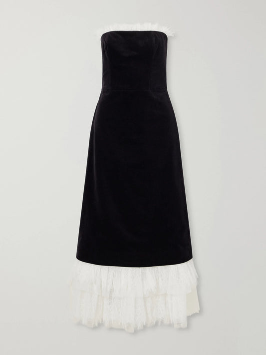 Costarellos Isabetta Strapless Tulle And Lace-trimmed Cotton-velvet Midi Dress