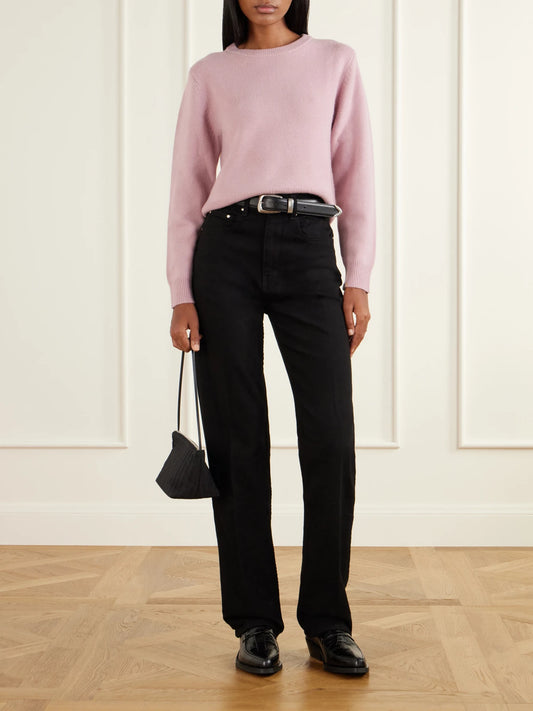 Image of a model wearing Outerwear. Product name - Jeanne Cashmere-blend Sweater in Pink, Cream colour by brand - Extreme Cashmere