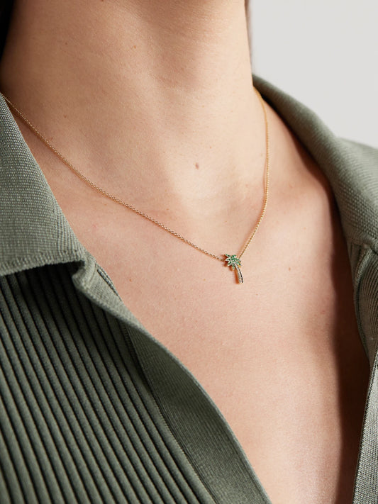 Image of Necklaces. Product name - Palm Tree 18-karat Gold, Diamond And Emerald Necklace in Multi colour by brand - Jennifer Meyer