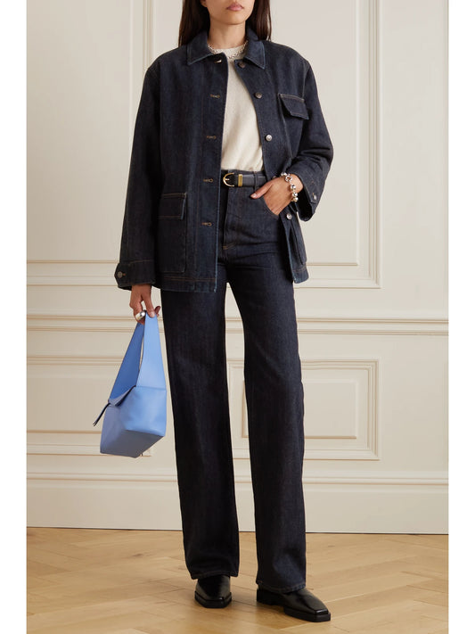 Image of a model wearing Tops. Product name - Denim Shirt in Indigo colour by brand - Loro Piana