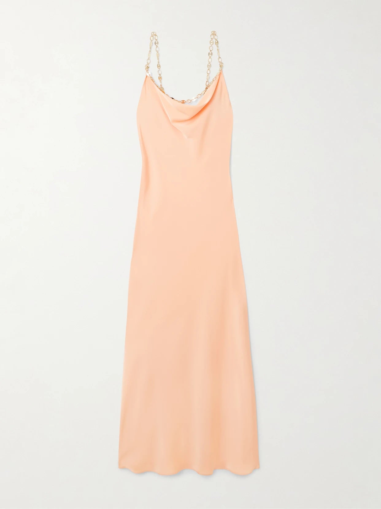Image of Dresses. Product name - Chain-embellished Crepe Midi Dress in Peach colour by brand - RABANNE