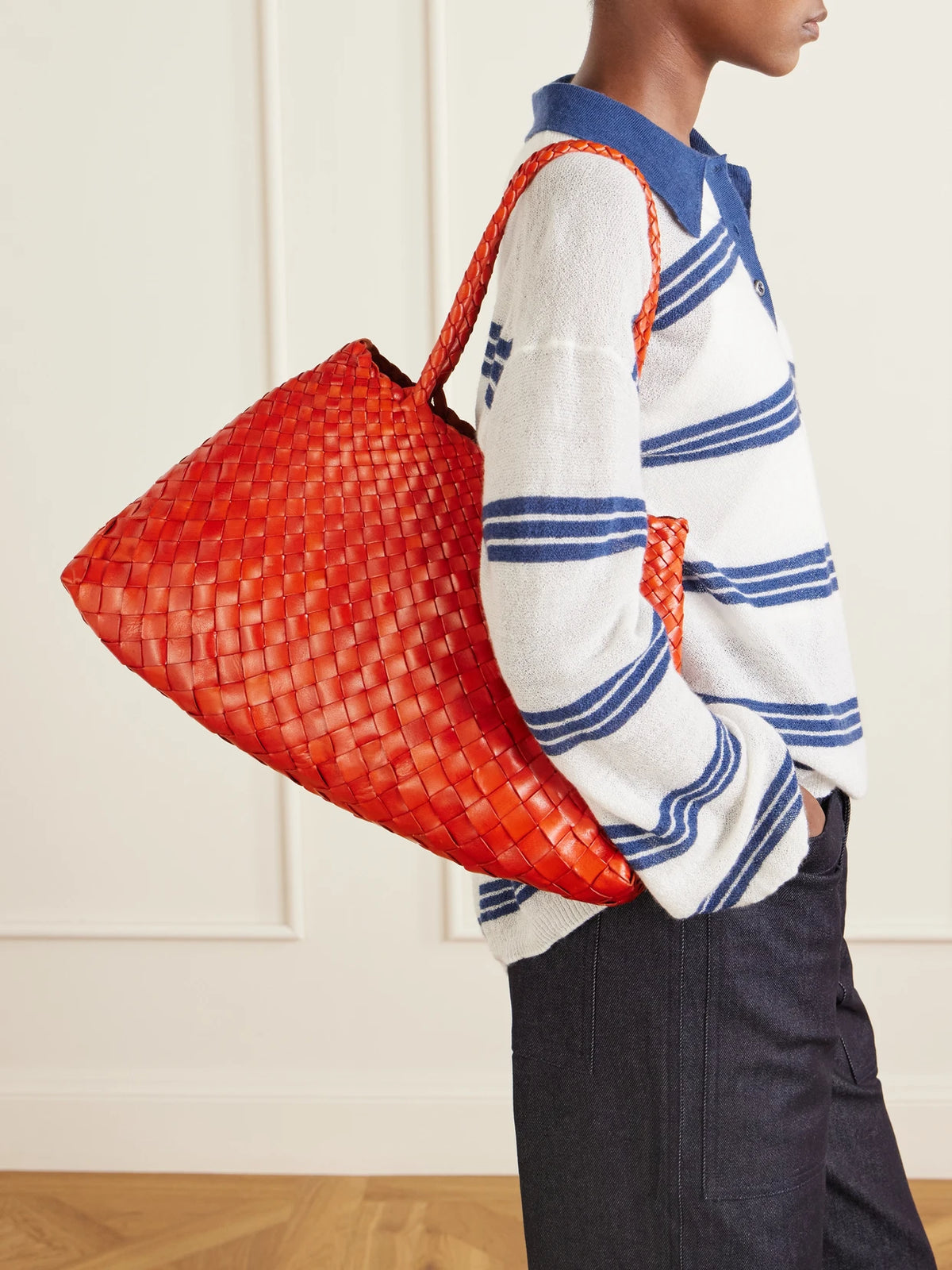 Image of Bags. Product name - Santa Croce Woven Leather Tote in Red colour by brand - Dragon Diffusion
