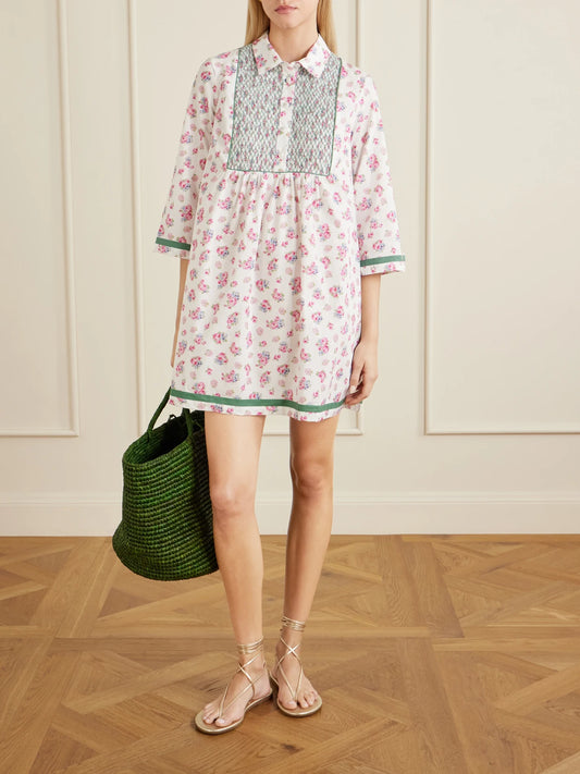 Image of Dresses. Product name - Alassio Shirred Embroidered Floral-print Cotton-poplin Mini Dress in Multi colour by brand - Loretta Caponi