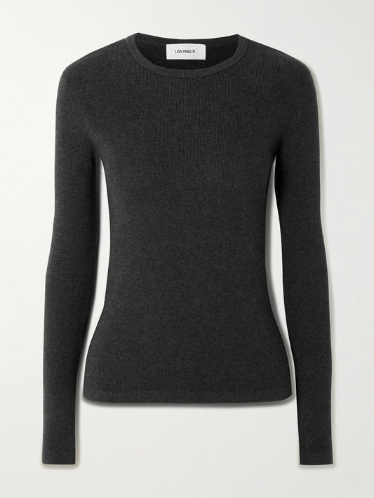 Image of a model wearing Outerwear. Product name - Vivian Ribbed Cotton And Cashmere-blend T-shirt in Charcoal colour by brand - LISA YANG