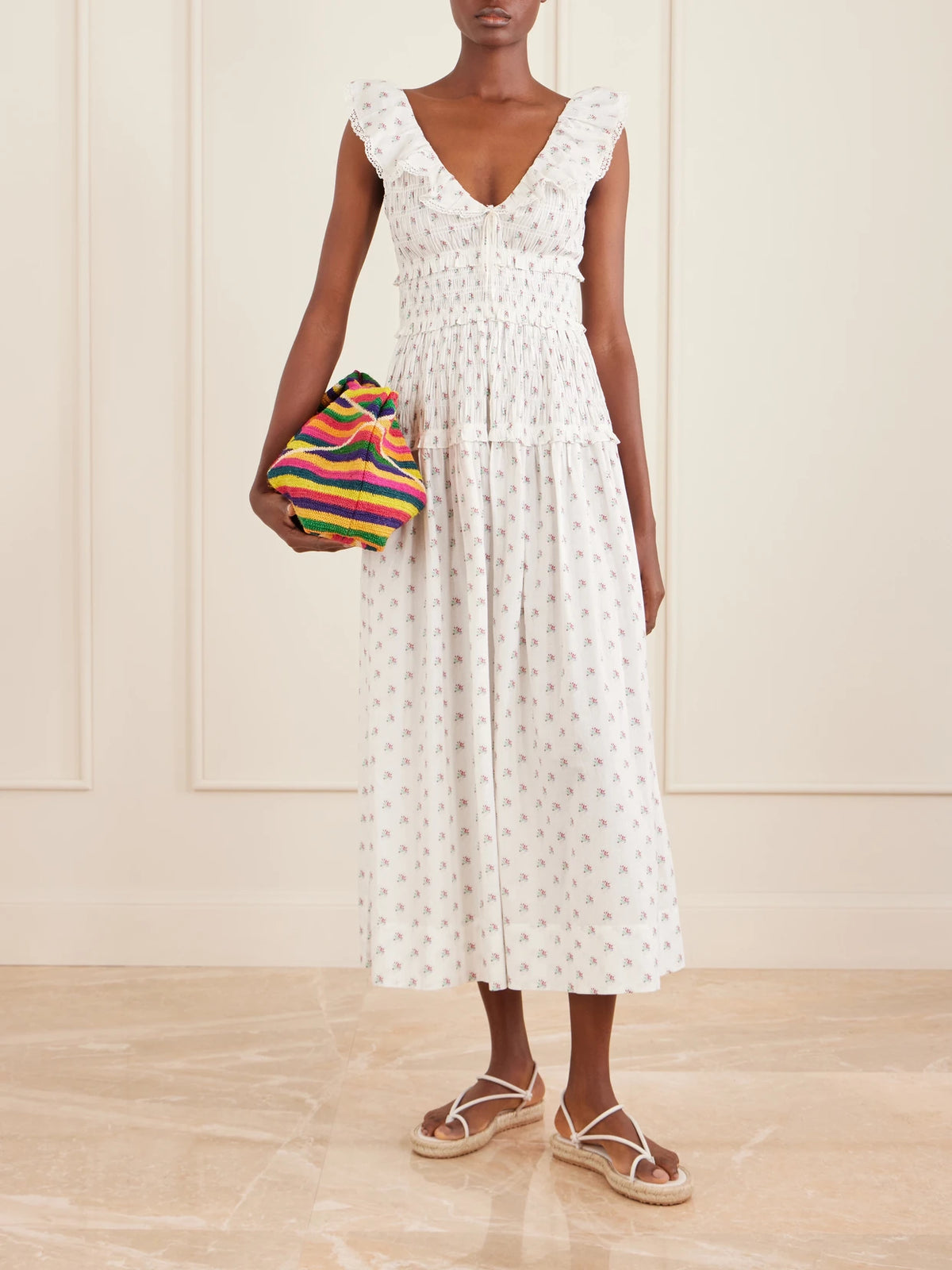 Image of Dresses. Product name - Sorina Tiered Embroidered Floral-print Organic Cotton Midi Dress in White colour by brand - DÔEN